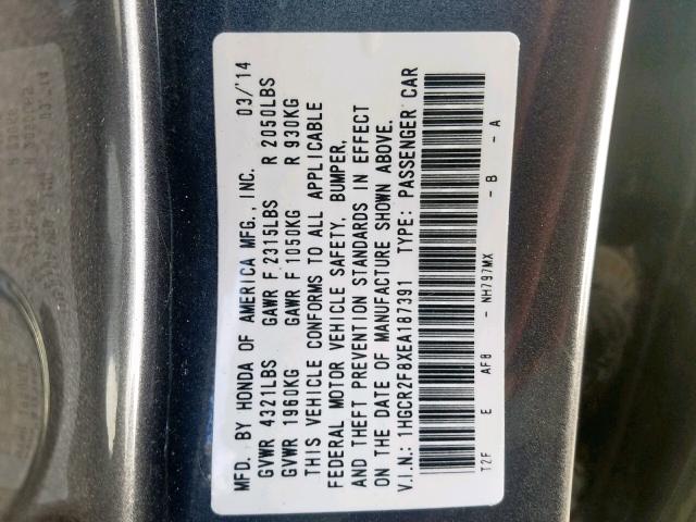 1HGCR2F8XEA187391 - 2014 HONDA ACCORD EXL BLUE photo 10