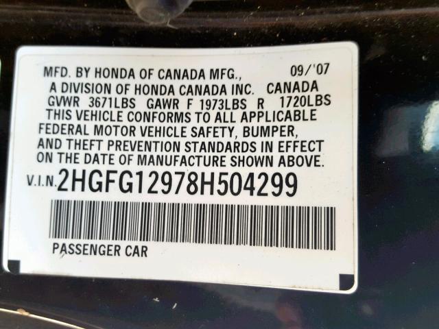 2HGFG12978H504299 - 2008 HONDA CIVIC EXL შავი ფოტო 10