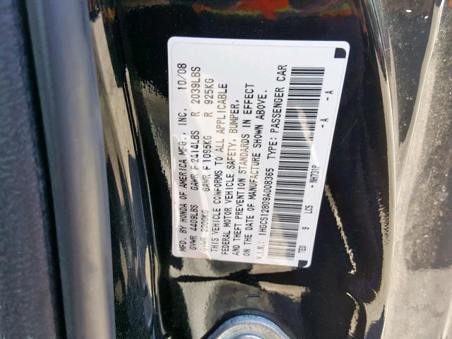 1HGCS12809A008365 - 2009 HONDA ACCORD EXL BLACK photo 10