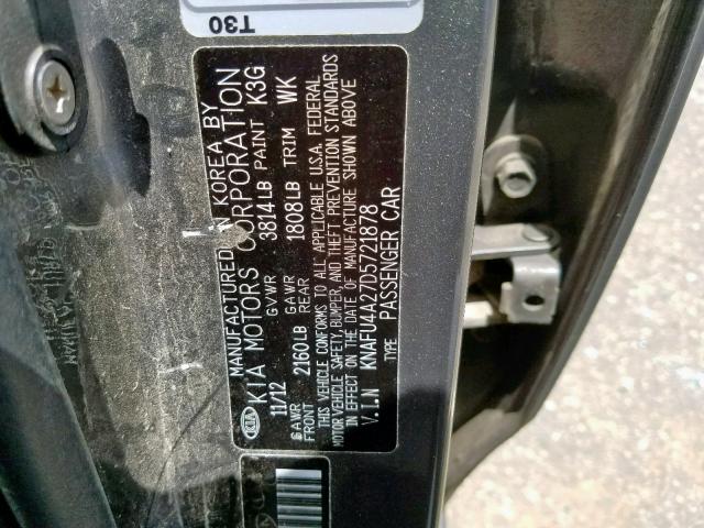 KNAFU4A27D5721878 - 2013 KIA FORTE EX GRAY photo 10