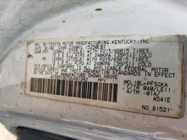 4T3ZF13C72U461342 - 2002 TOYOTA SIENNA LE WHITE photo 10