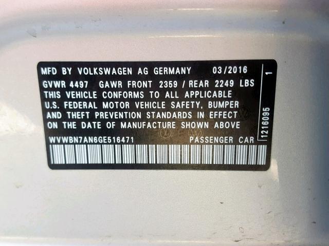WVWBN7AN6GE516471 - 2016 VOLKSWAGEN CC BASE SILVER photo 10