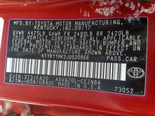 4T1B11HK2JU520966 - 2018 TOYOTA CAMRY L BURGUNDY photo 10