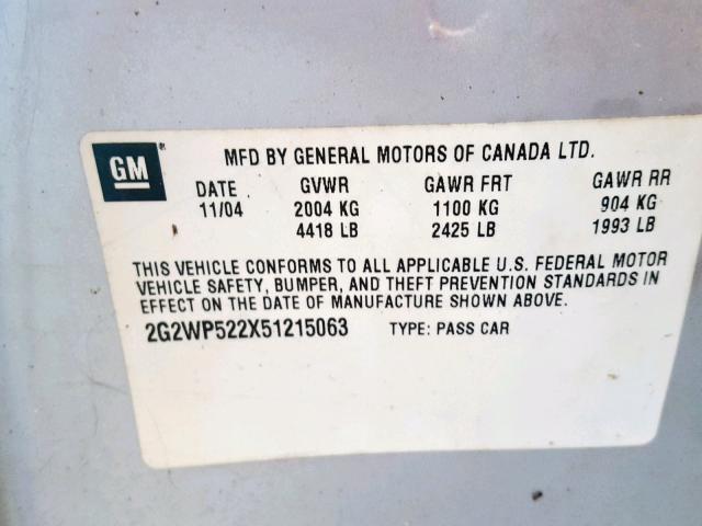 2G2WP522X51215063 - 2005 PONTIAC GRAND PRIX SILVER photo 10