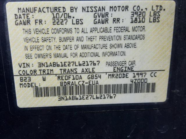 3N1AB61E27L621767 - 2007 NISSAN SENTRA 2.0 BLUE photo 10