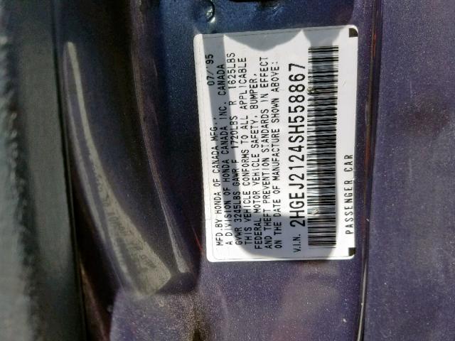 2HGEJ2124SH558867 - 1995 HONDA CIVIC DX GRAY photo 10