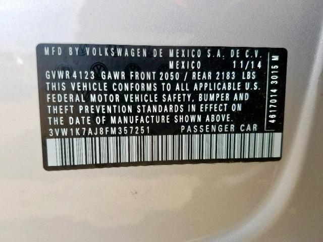 3VW1K7AJ8FM357251 - 2015 VOLKSWAGEN JETTA BASE SILVER photo 10