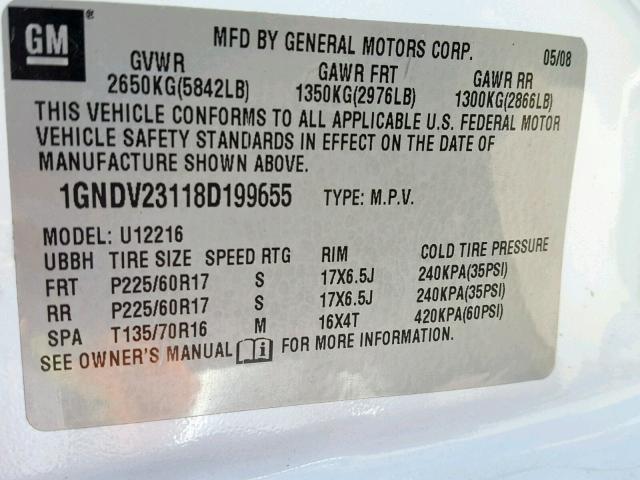 1GNDV23118D199655 - 2008 CHEVROLET UPLANDER L 白色 照片 10