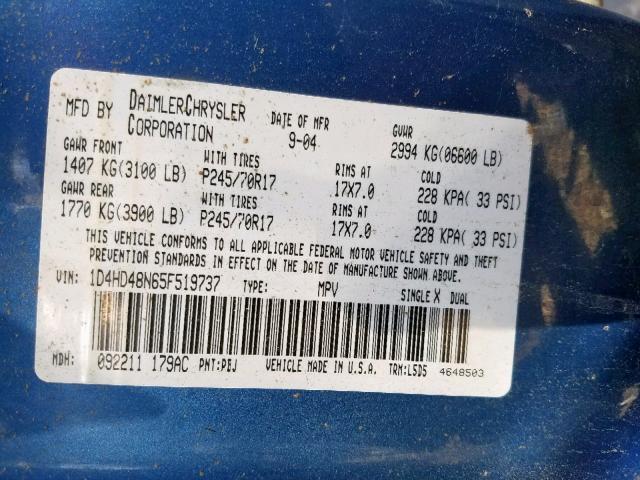 1D4HD48N65F519737 - 2005 DODGE DURANGO SL BLUE photo 10