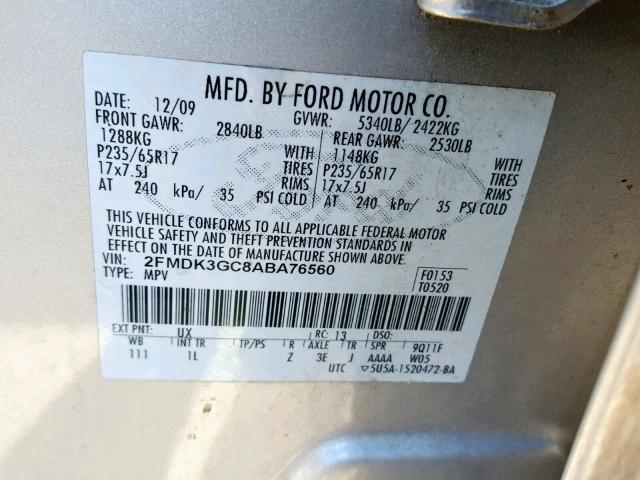 2FMDK3GC8ABA76560 - 2010 FORD EDGE SE SILVER photo 10