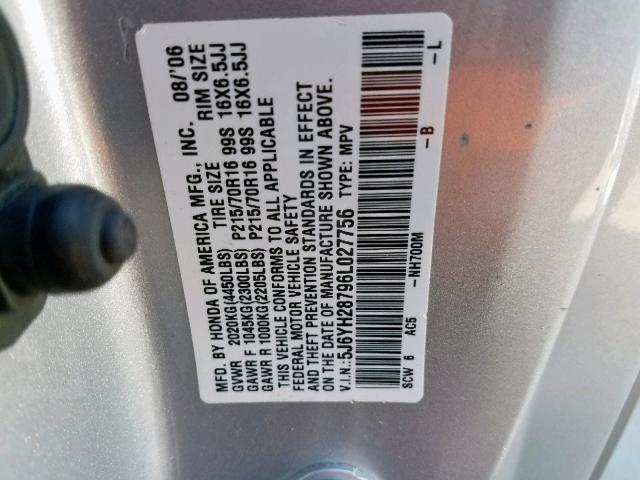 5J6YH28796L027756 - 2006 HONDA ELEMENT EX SILVER photo 10