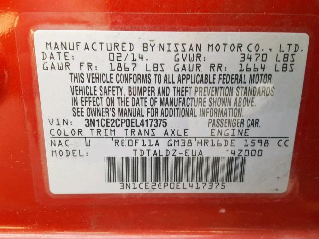 3N1CE2CP0EL417375 - 2014 NISSAN VERSA NOTE RED photo 10