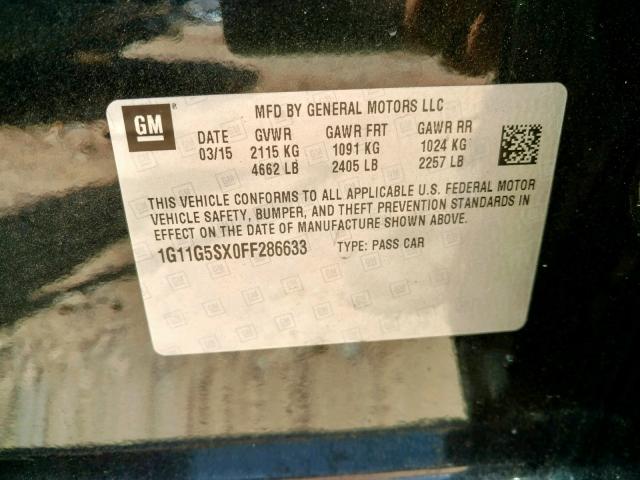 1G11G5SX0FF286633 - 2015 CHEVROLET MALIBU LTZ შავი ფოტო 10