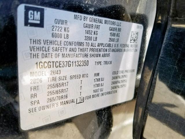 1GCGTCE37G1132350 - 2016 CHEVROLET COLORADO L BLACK photo 10