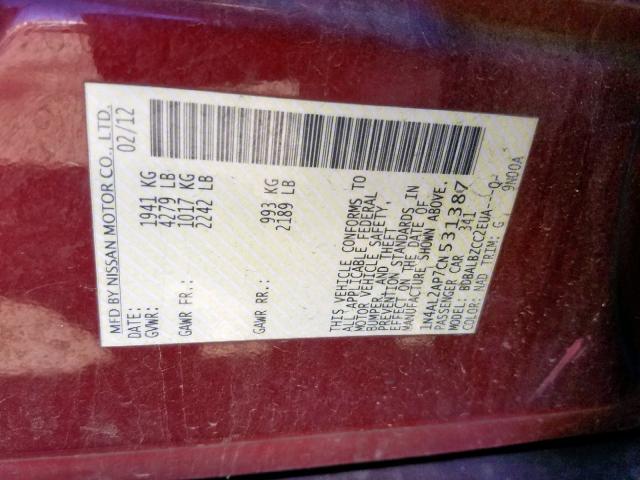 1N4AL2AP7CN531387 - 2012 NISSAN ALTIMA BAS RED photo 10