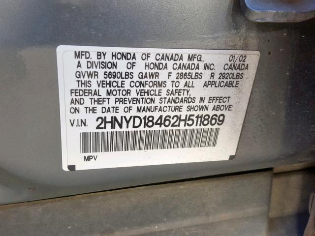 2HNYD18462H511869 - 2002 ACURA MDX GRAY photo 10