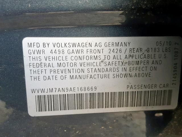 WVWJM7AN9AE168669 - 2010 VOLKSWAGEN PASSAT KOM BLUE photo 10