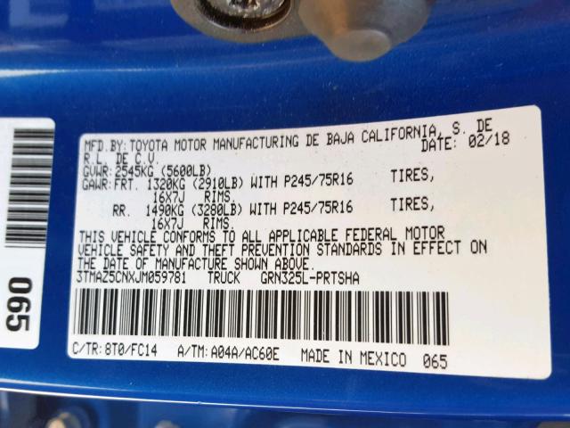 3TMAZ5CNXJM059781 - 2018 TOYOTA TACOMA DOU BLUE photo 10