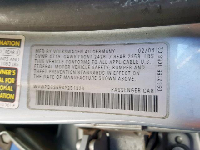 WVWPD63B54P251323 - 2004 VOLKSWAGEN PASSAT GLS SILVER photo 10