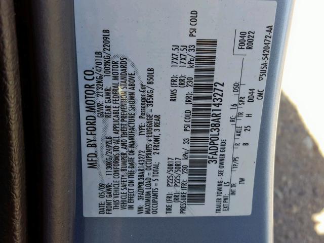 3FADP0L38AR143272 - 2010 FORD FUSION HYB BLUE photo 10