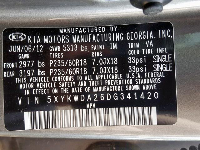 5XYKWDA26DG341420 - 2013 KIA SORENTO SX GRAY photo 10