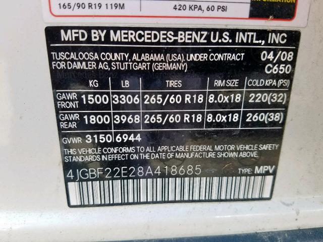 4JGBF22E28A418685 - 2008 MERCEDES-BENZ GL 320 CDI WHITE photo 10