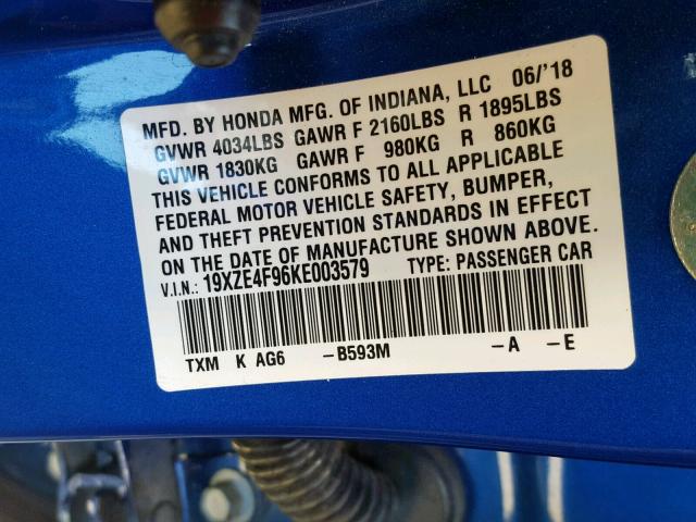 19XZE4F96KE003579 - 2019 HONDA INSIGHT TO BLUE photo 10