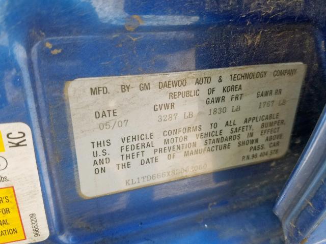 KL1TD666X8B003060 - 2008 CHEVROLET AVEO BASE Көк фото 10