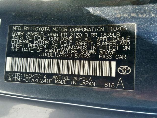 JTKDE167570187493 - 2007 TOYOTA SCION TC ლურჯი ფოტო 10