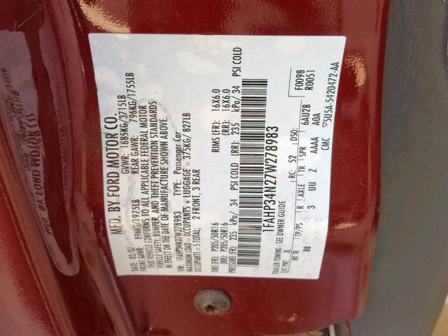 1FAHP34N27W278983 - 2007 FORD FOCUS ZX4 MAROON photo 10