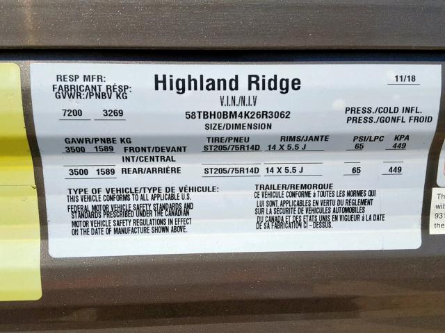 58TBH0BM4K26R3062 - 2019 HIGH MESA RIDGE WHITE photo 10