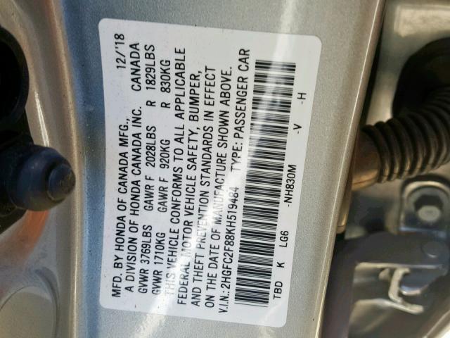 2HGFC2F88KH519484 - 2019 HONDA CIVIC SPOR GRAY photo 10