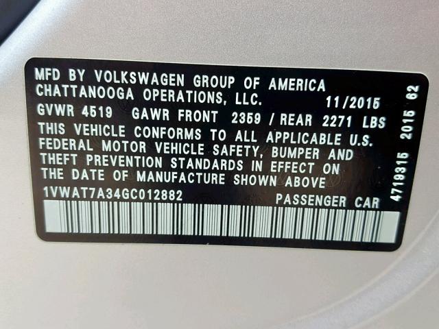 1VWAT7A34GC012882 - 2016 VOLKSWAGEN PASSAT S SILVER photo 10