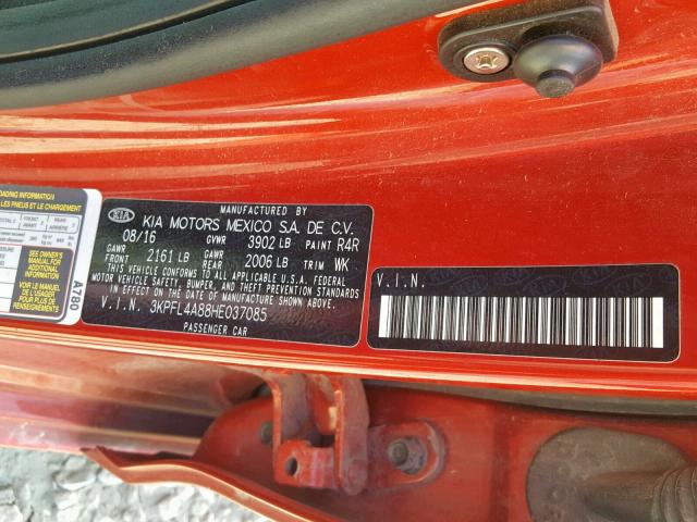 3KPFL4A88HE037085 - 2017 KIA FORTE EX RED photo 10