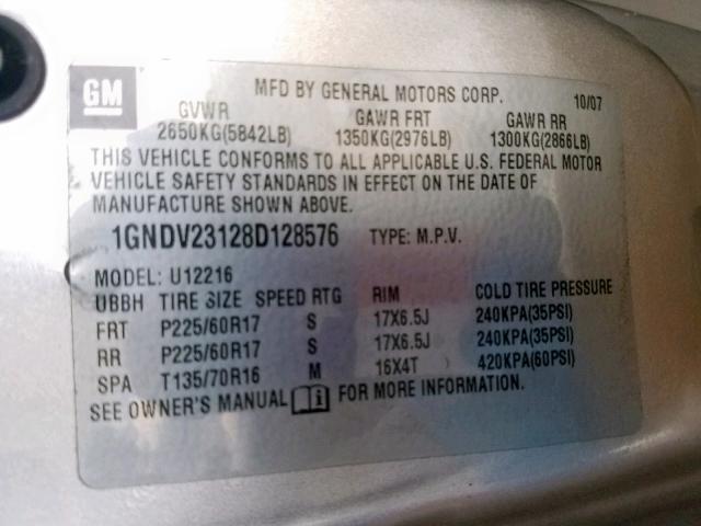 1GNDV23128D128576 - 2008 CHEVROLET UPLANDER L SILVER photo 10