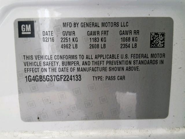 1G4GB5G37GF224133 - 2016 BUICK LACROSSE WHITE photo 10