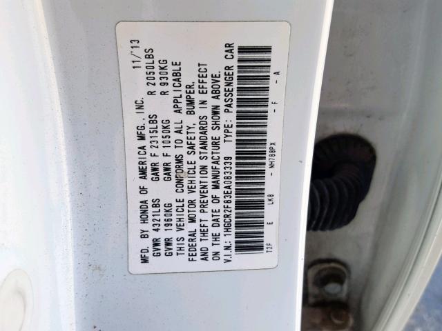 1HGCR2F83EA083339 - 2014 HONDA ACCORD EXL WHITE photo 10