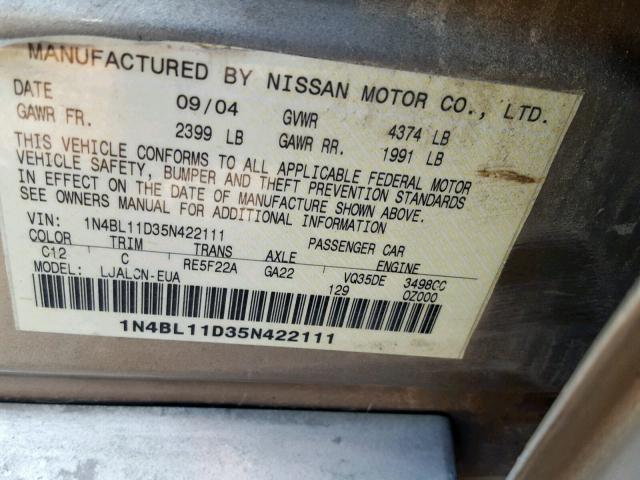 1N4BL11D35N422111 - 2005 NISSAN ALTIMA SE TAN photo 10