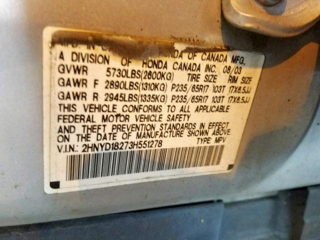 2HNYD18273H551278 - 2003 ACURA MDX SILVER photo 10