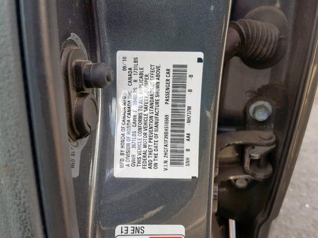 2HGFA1F39BH510569 - 2011 HONDA CIVIC VP GRAY photo 10