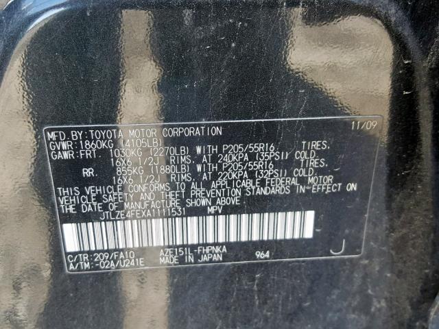 JTLZE4FEXA1111531 - 2010 TOYOTA SCION XB შავი ფოტო 10