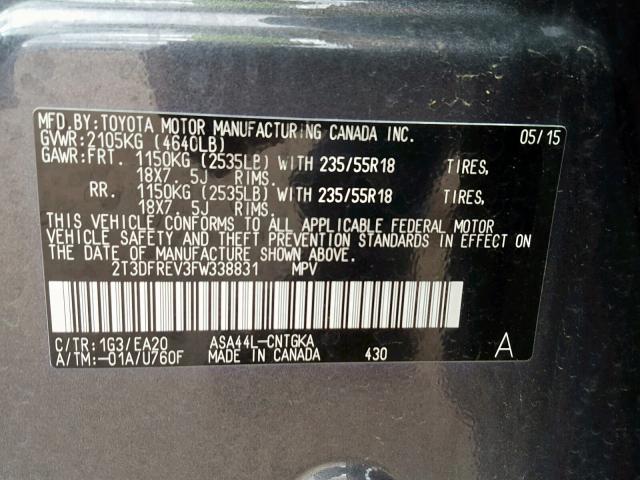 2T3DFREV3FW338831 - 2015 TOYOTA RAV4 LIMIT GRAY photo 10