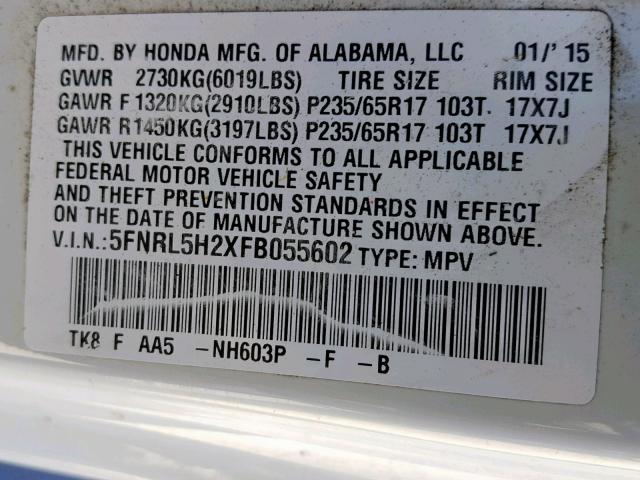 5FNRL5H2XFB055602 - 2015 HONDA ODYSSEY LX WHITE photo 10