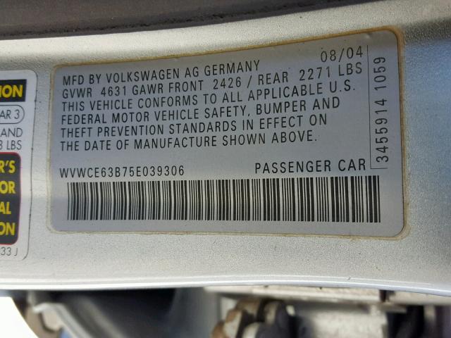 WVWCE63B75E039306 - 2005 VOLKSWAGEN PASSAT GLS SILVER photo 10