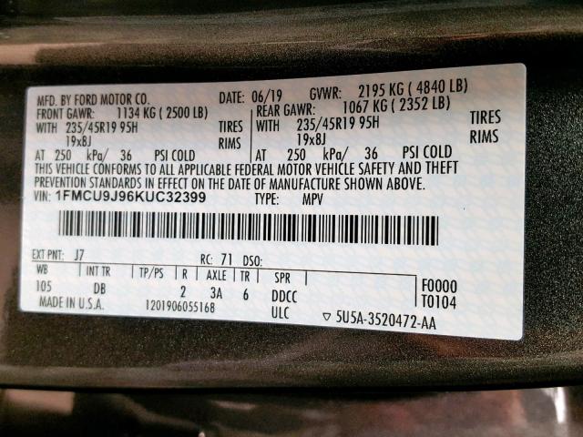 1FMCU9J96KUC32399 - 2019 FORD ESCAPE TIT GRAY photo 10