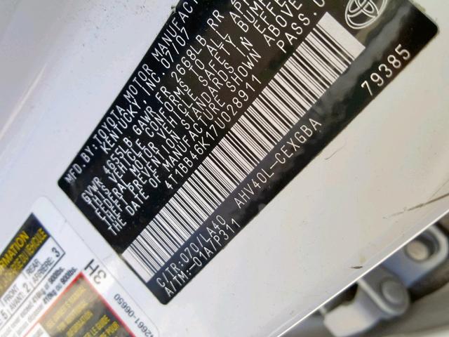 4T1BB46K17U028911 - 2007 TOYOTA CAMRY NEW WHITE photo 10