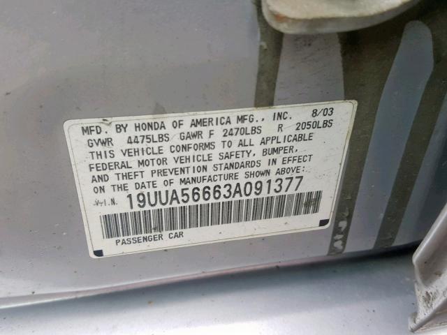 19UUA56663A091377 - 2003 ACURA 3.2TL SILVER photo 10