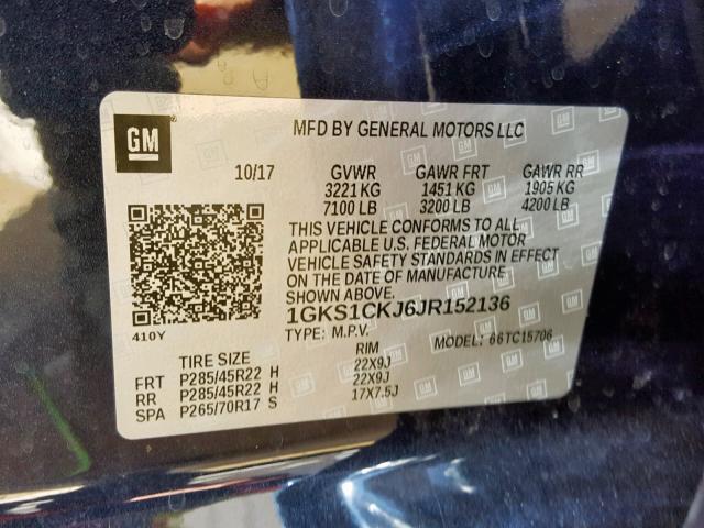 1GKS1CKJ6JR152136 - 2018 GMC YUKON DENA BLUE photo 10