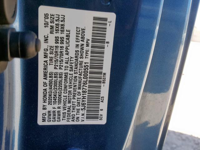 5J6YH18776L000551 - 2006 HONDA ELEMENT EX BLUE photo 10