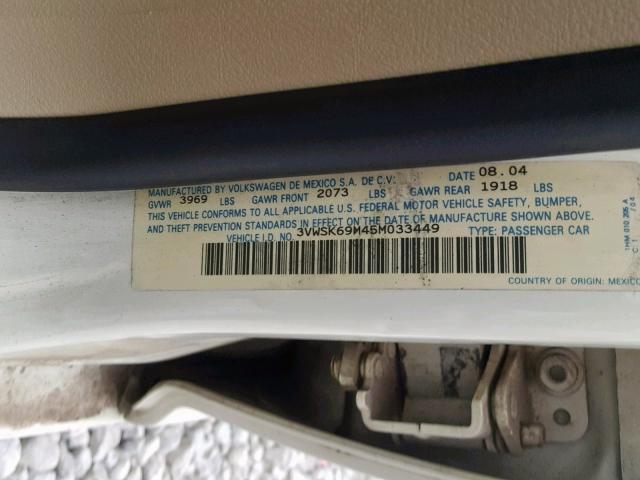 3VWSK69M45M033449 - 2005 VOLKSWAGEN JETTA GLS WHITE photo 10